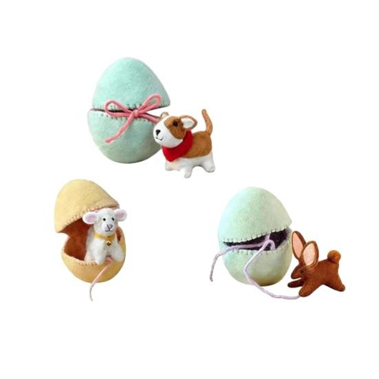 

3/6Pcs Easter Egg Ornament with Hidden Felt Animal Toy Handmade Lace-up Egg with Animal Inside Desktop Decoration Easter Holiday Party Favors C