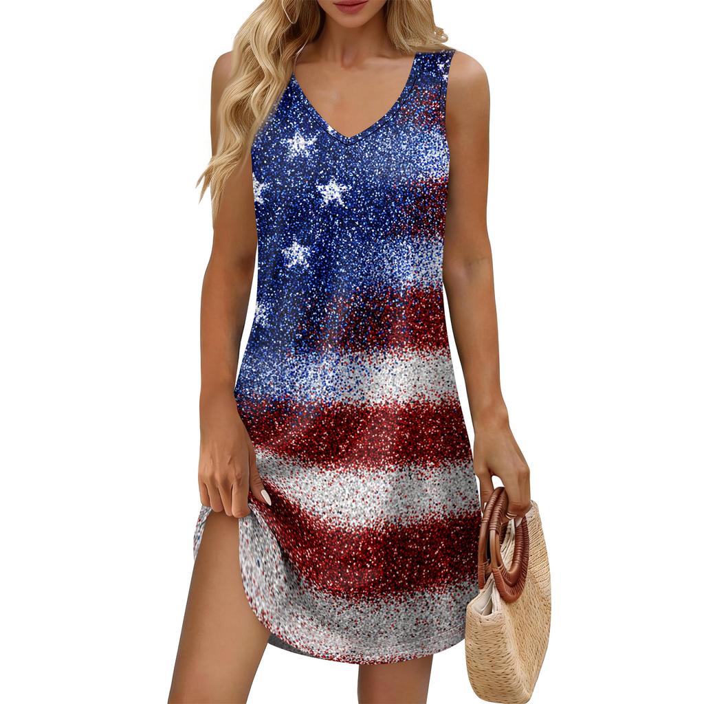 Damen Sommer Lässiger Sonnenschutzrock Mit Tasche V-Ausschnitt Unabhängigkeitstag Bedrucktes Lockeres Westenkleid