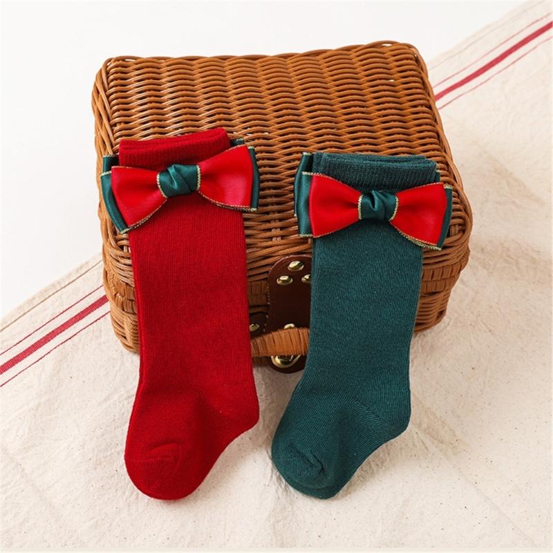 2 Paar Klassische Kniehohe Socken Weihnachten Thema Socken mit Schleifchen Dekoration für Baby Mädchen 2024 Neujahrsgeschenk