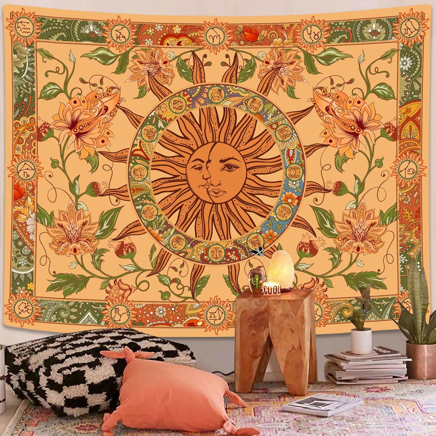 Yellow Sun and Moon Tapestry Vintage Indie Boho Tapestry Wall Hanging with Sunflowers Butterfly Moth Constellation Aesthetic Wall Tapestries for Room 47 L x 35 W