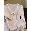 Pink Vneck Lace Patch Wool Knit Sweater For Women Fall Winter Casual Comfort
