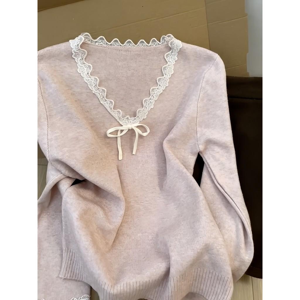 Pink Vneck Lace Patch Wool Knit Sweater For Women Fall Winter Casual Comfort