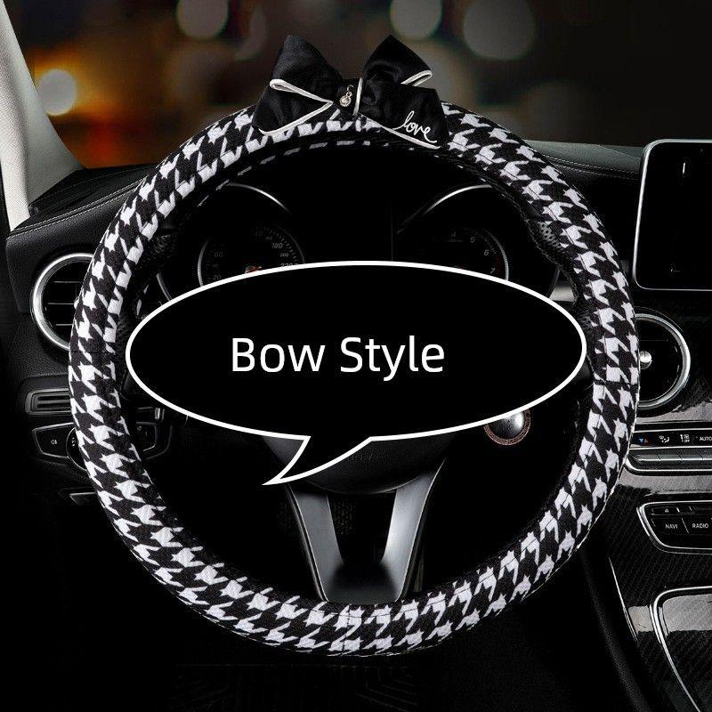 

Nngy Bowknot Houndstooth Car Steering Wheel Cover Goddess High-End Four Seasons New Product Black and White Handle Cover Bow Style [Additional +2 Yuan/Piece] 38cm [Round]