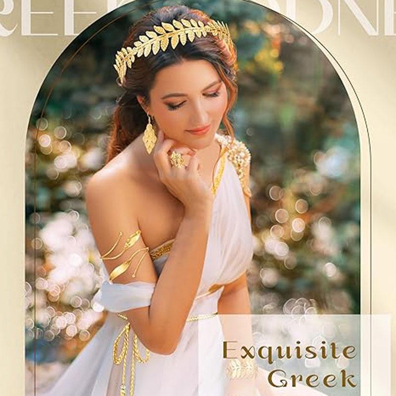 European & American Bridal Pearl Leaf Headband, Gold Hair Clip, Bracelet, Earring, & Armband Set