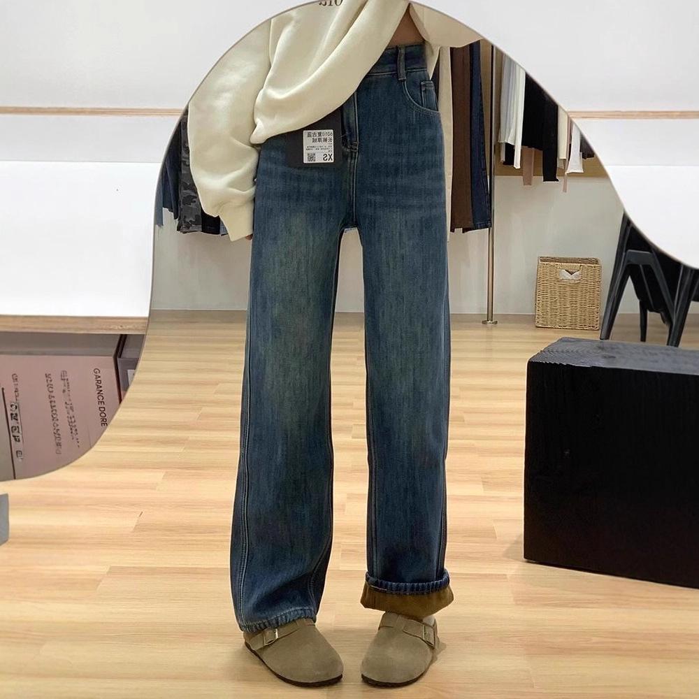 High Waist Velvet-Lined Retro Blue Denim Pants for Women - Winter 2025 Edition, Loose Fit, Flaw-Concealing, Straight Leg. S