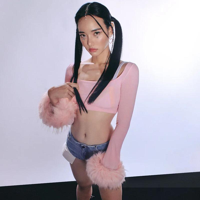 Square Neck Long Sleeve T-Shirts Women 2022 Fashion Cute Feather Top faux fur Sexy Y2K Crop Top Streetwear Tee Shirt femme