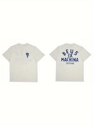 Deus Motorcycle Men's and Women's T-shirts- White Background with Red Motorcycle Graphic Print