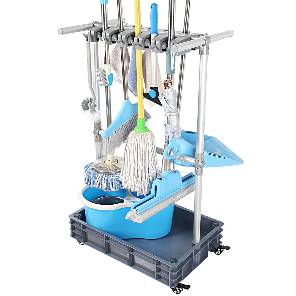 QTJH Broom and Mop Holder to Move Wet Mop Floor Mounted Mop Rack Cleaning Tool Cart Storage Garden Garage School Hospital Factory Hotel Real Estate