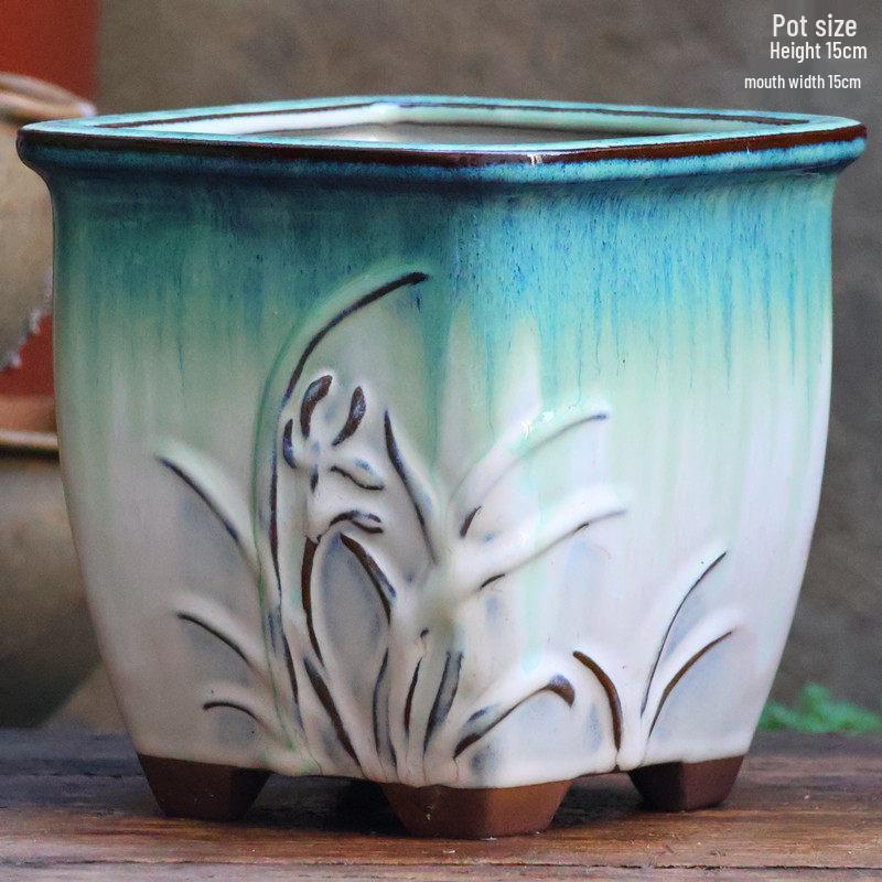 Handgefertigter unregelmäßiger quadratischer Keramik-Blumentopf für Sukkulenten - Pflanztopf mit großem Durchmesser für Mischbepflanzung