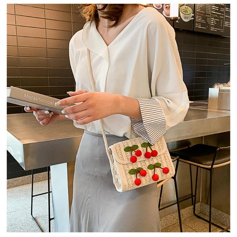 Cute Straw Crossbody Bags Sweet Cherry Women Weaving Handbags Stylish Shoulder Bags