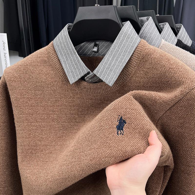 

Men s Faux Two-Piece Thickened Fleece Sweater with Shirt Collar – Winter Warm Long Sleeve T-Shirt with Velvet Base Layer M