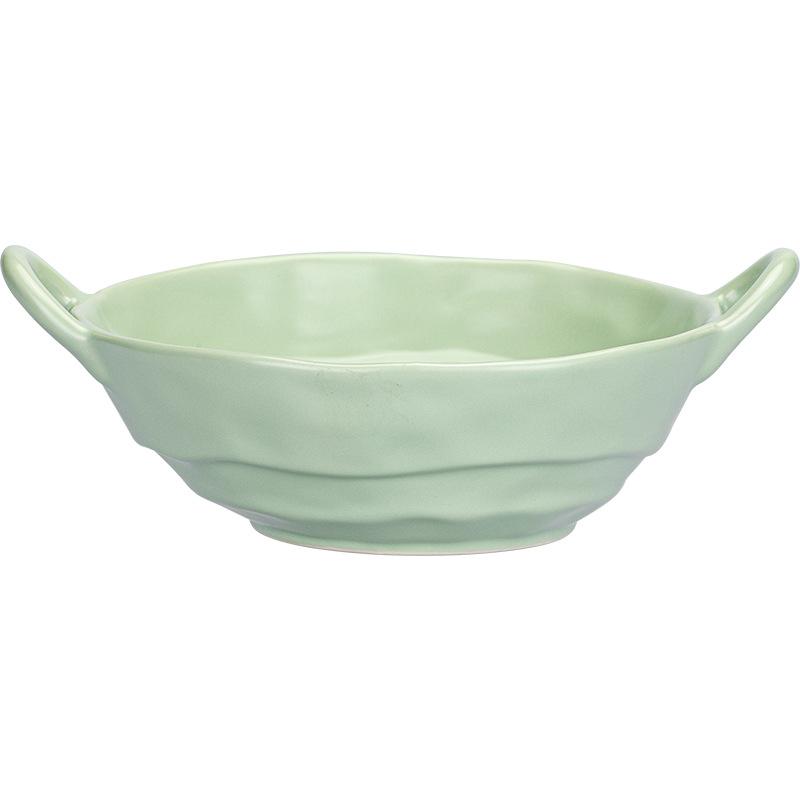 Ceramic Salad Bowl with Handle Binaural Bowl Irregular Ceramic Kitchen Soup Noodles Dessert Salad Bowl Heat-resistant Design 1PC