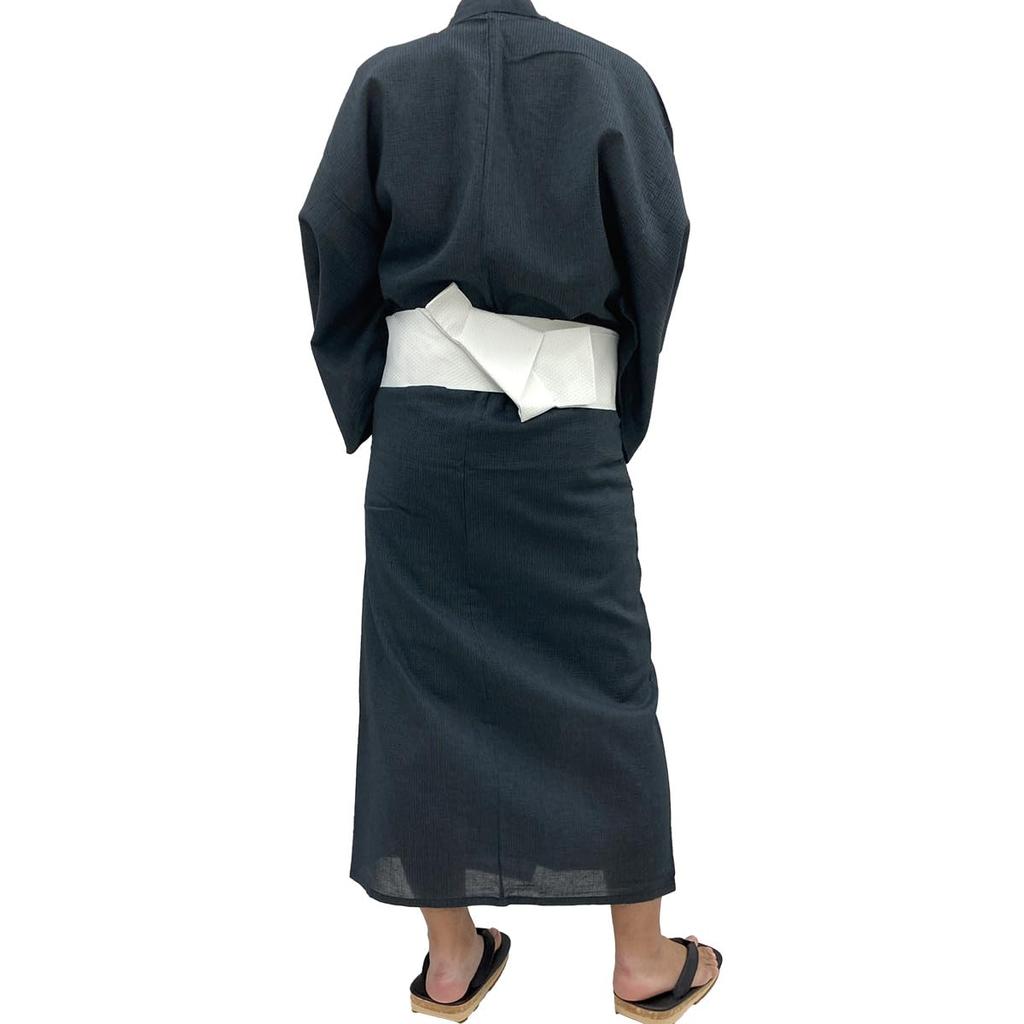 Kyoto Kimono Yuzen Men's Two-Piece Yukata Set, Black Shijira Weave Cotton, One-Touch Square Obi, Ink Black (Vertical Stripes), Size M
