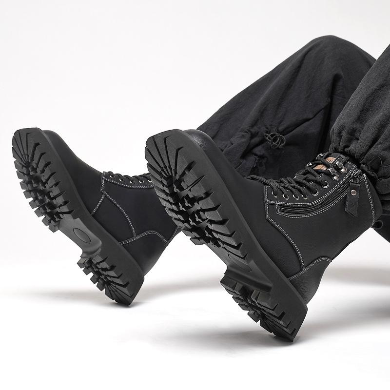 Winter Velvet Martin Boots Men's Thick-soled High-top American Retro Leather Boots Genuine Leather Tooling Zipper Warm Men's Shoes