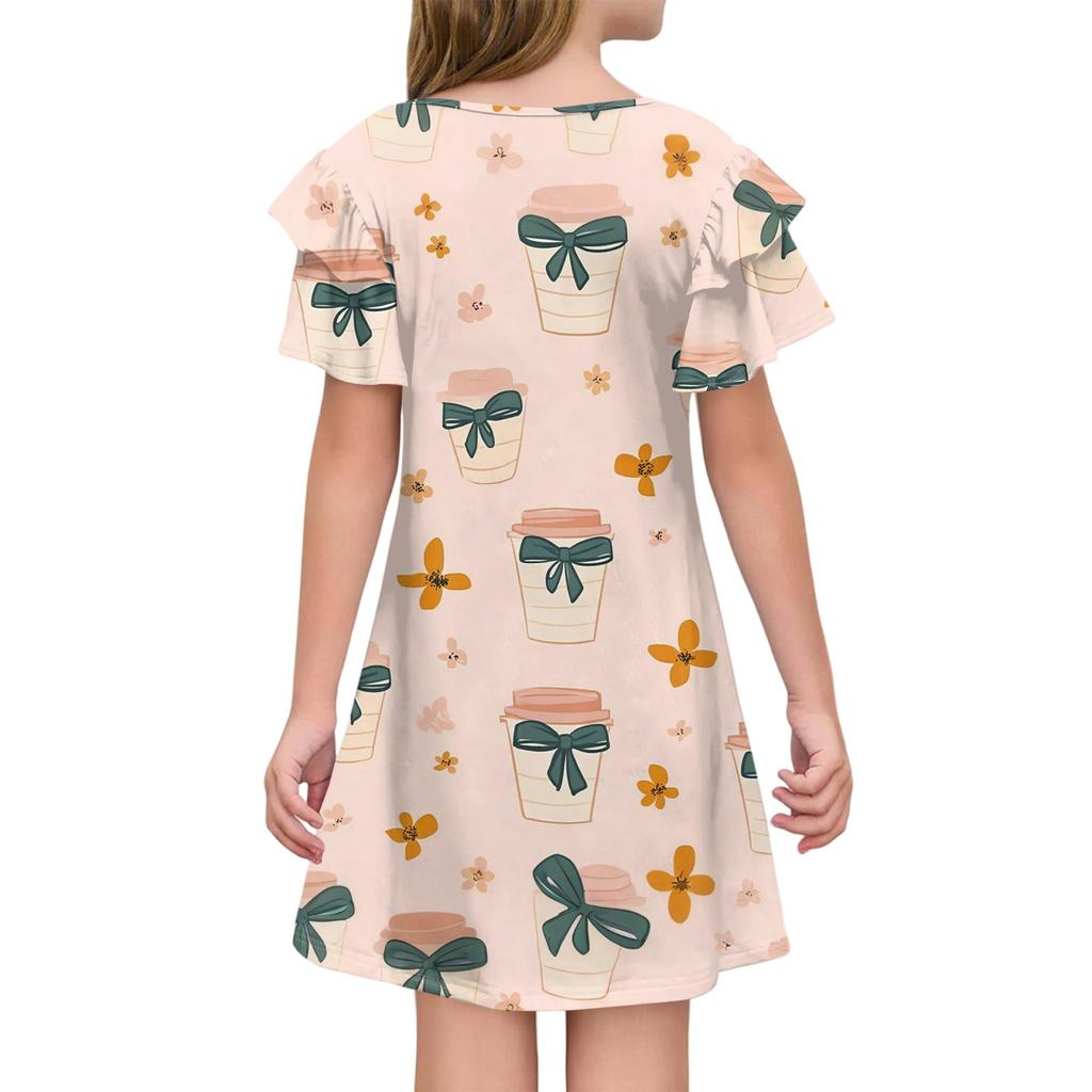Children's Ruffled Sleeve Dress, Girls' Summer Round-neck A-line Cute Printed Casual Dress