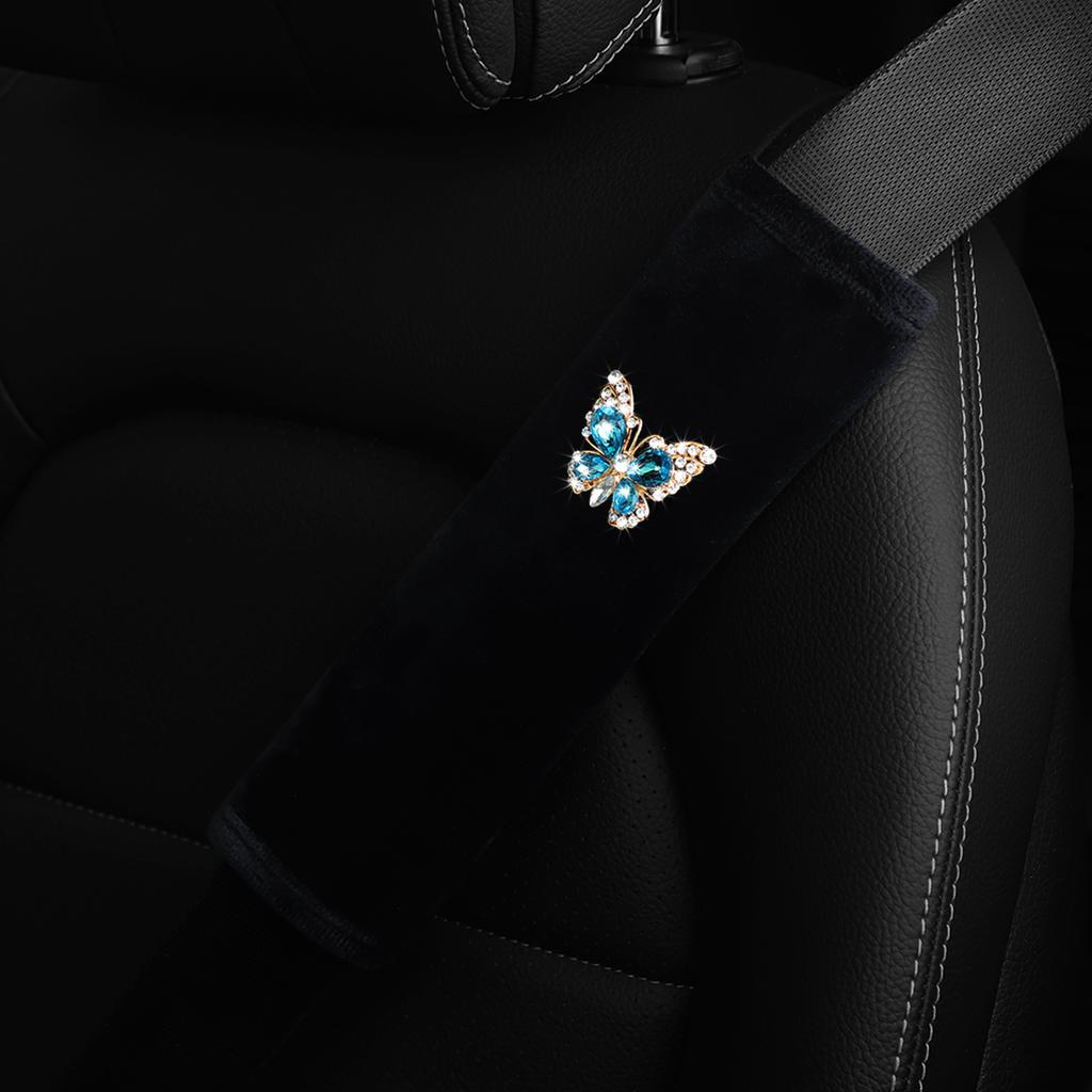 1 Butterfly Plush Set with Artificial Diamond Blingbling Soft Comfort Car Supplies Seat Belt Shoulder Cover Safety Belt