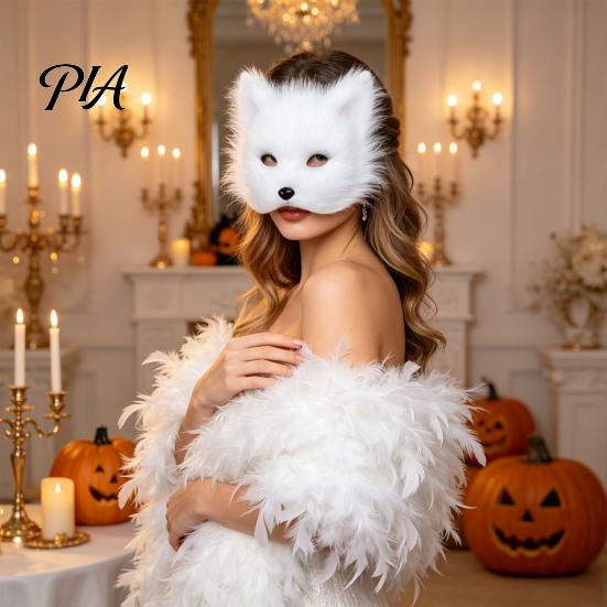 Halloween Beast Girl Outfit Plush Fox Cosplay Mask, Fluffy Tail, Costumes Props, Fuzzy Animation Lovers Gift Mask for Costume Party Anime Convention