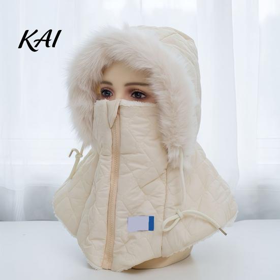 Outdoor Activity Warm Hat Women Winter Balaclava Hat, Quilted Face Mask Hood Zipper Closure, Fuzzy Trim, Cold Weather Gear for Fleece Lined,