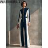 Mono de Punto Moderno Elegante para Mujer en Mezcla de Algodón Azul Marino con Cremallera de Bloque de Color Delantero Pierna Acampanada