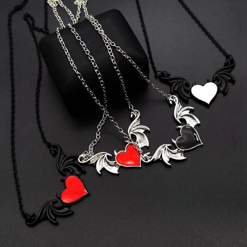 Devil Heart Pendant Necklace with Wings and Drip Oil Finish