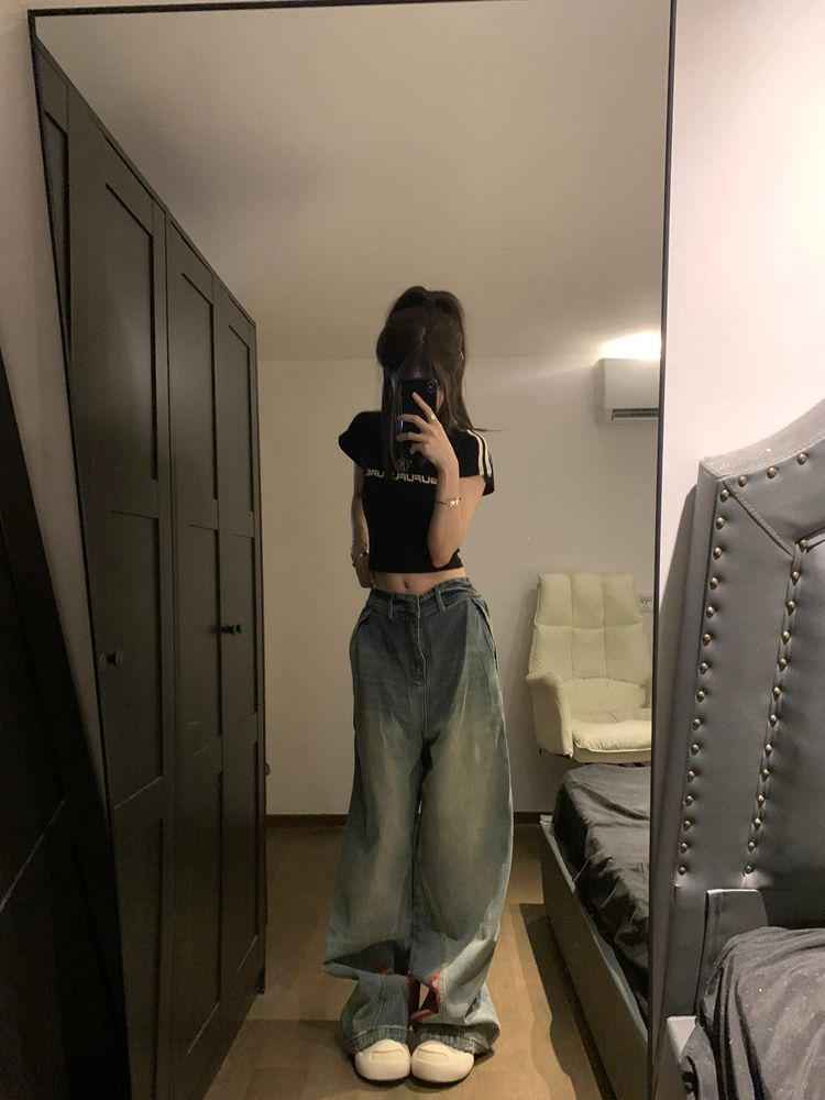 Unisex American Retro Striped Patchwork Jeans - Loose, Distressed, Wide-Leg Trendy Casual Pants