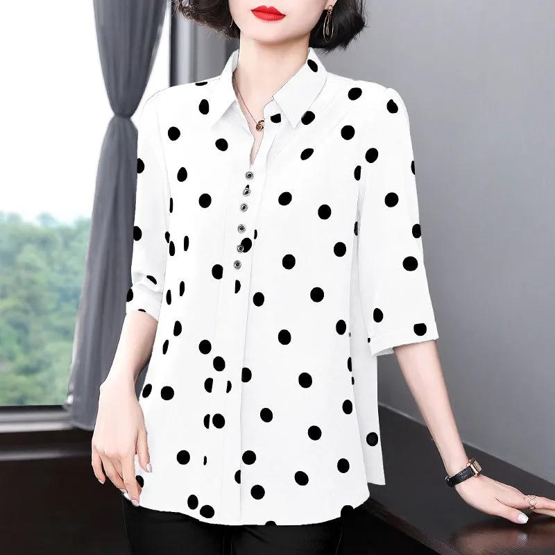 Women's Summer Clothing, Plus Size, Medium Sleeves, Polka Dot Chiffon Shirt, Loose-fitting Casual Top for Middle-aged Mothers