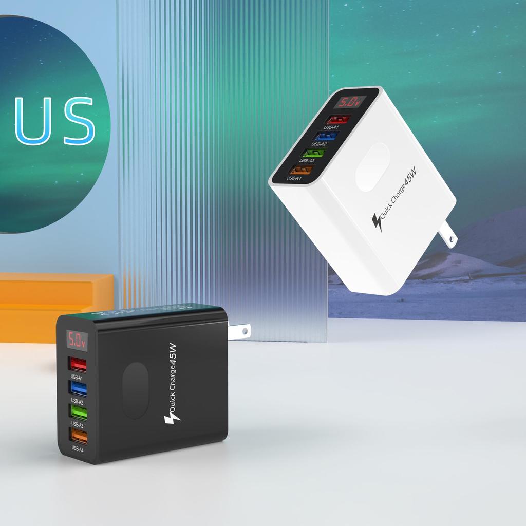 45W Multi-Port USB Charger with Digital Display - 3.1A, EU/US/UK Plug