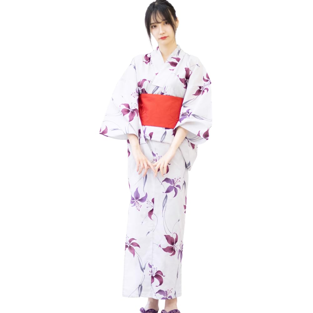 

Yukata 3 Piece Set Purple Himeyuri Calming Japanese Dress Easy to Dress Tie Obi Thong Geta Set Greige One Size Fits Most [RAVIR] Women s