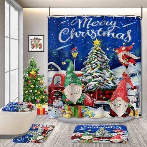 Christmas 4-Piece Bathroom Curtains Christmas Tree Snow Shower Curtain Non-Slip Bath Mat U-Shaped Bathroom Mat Toilet Cover