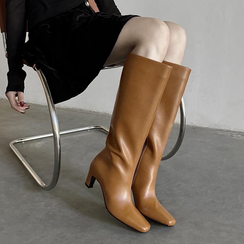 Fashion 2025 New Square Toe Women Boots High Heels Knee-high Boots Split Leather Fashion Party Ladies Shoes Female Women Boots