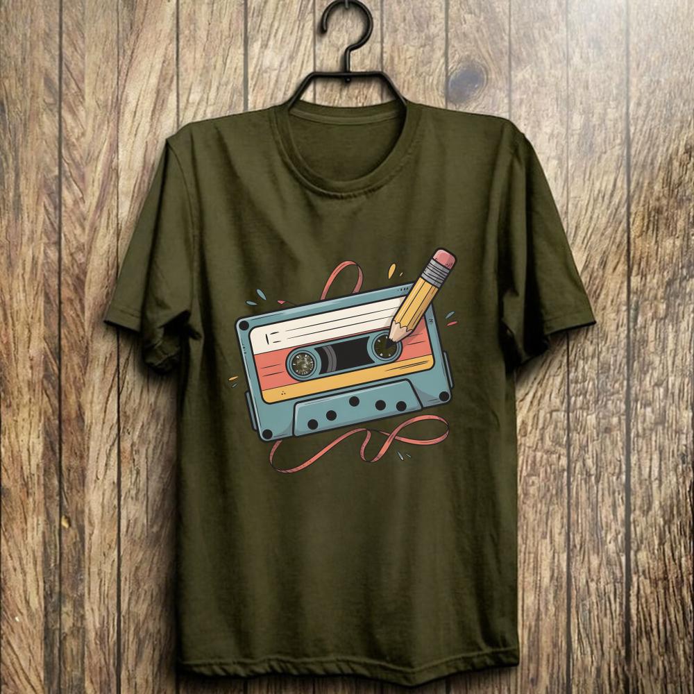 Retro Cassette Tape Printing Tshirt 80s 90s Music Lover Tees Vintage Mixtape Pencil Rewind Funny Tops Unisex Casual Retro Shirt