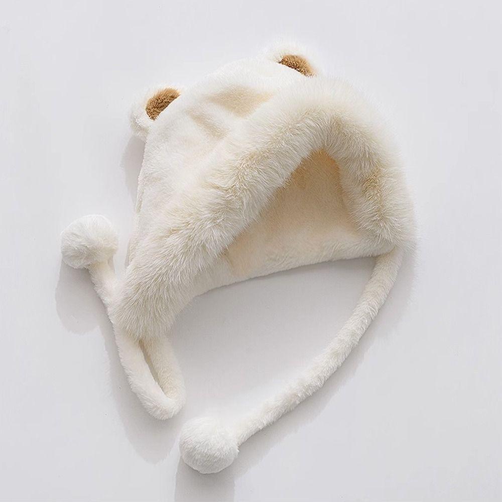 Warm Winter Hat Pompom Fluffy Skull Cap Stylish Bear Ears Hat  for Women