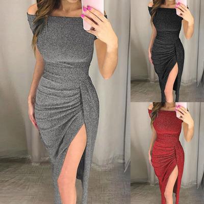 Bodycon Dress Off Shoulder Shiny Spring Autumn Slash Neck Strapless High Split Dress for Wedding