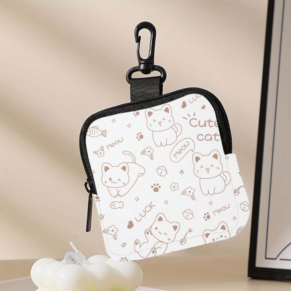 Large Capacity Cute Cat Print Portable Coin Purse Faux Leather Waterproof Mini Earphone Case with Key Ring Multifunctional