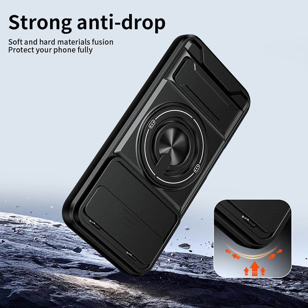 For Honor 500 5G Magnetic Case Ring Holder Foldable Kickstand TPU PC Phone Cover with Camera Lens Slider