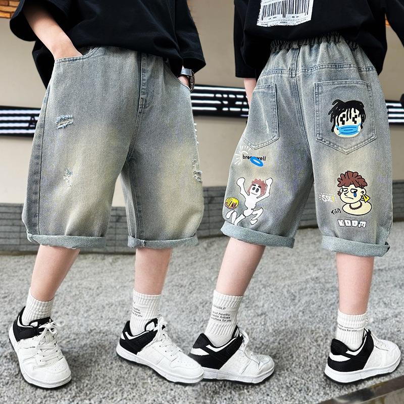Kids Boys Graffiti Drawing Denim Shorts Elegant Children Casual Ripped Short Jeans Capris Pants