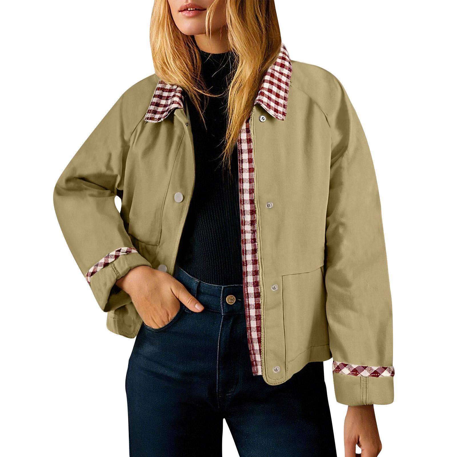 

Женская мода Однотонный Плед Воротник Длинный рукав Пуговицы Молния Карманы Куртка Пальто S зелёный