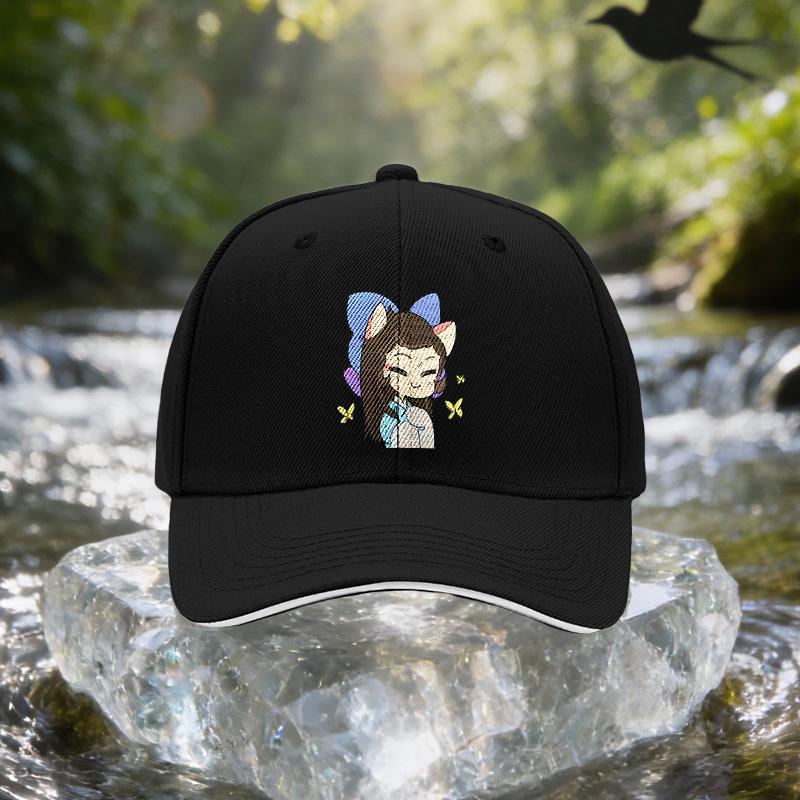 Cute Cat Girl Smiling Face Illustration Sandwich Cap, Unisex Easy Lightweight Adjustable Outdoor Sun Hat, Ideal Gift for Travel,