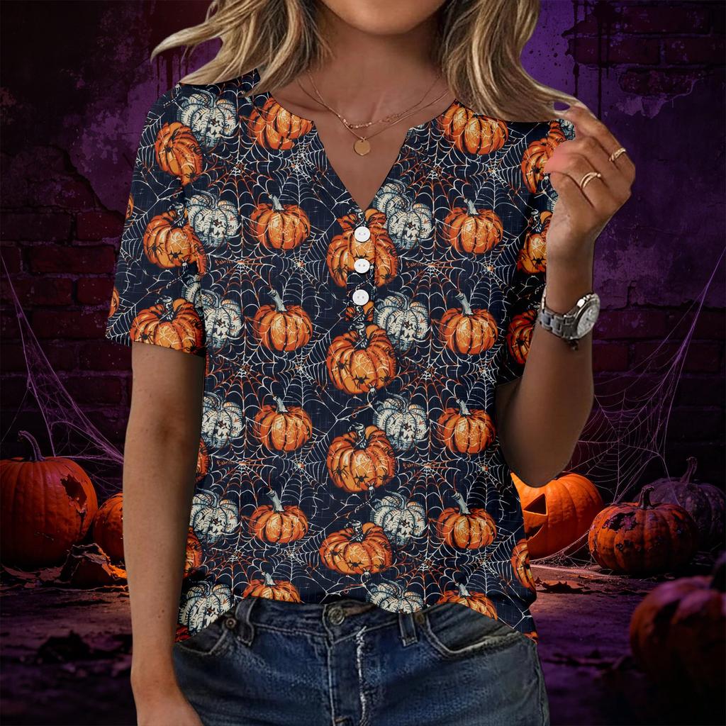 Women V Neck Short Sleeve T Shirt with Decorative Buttons Halloween Print Casual Loose Fit Top for Everyday Wear
