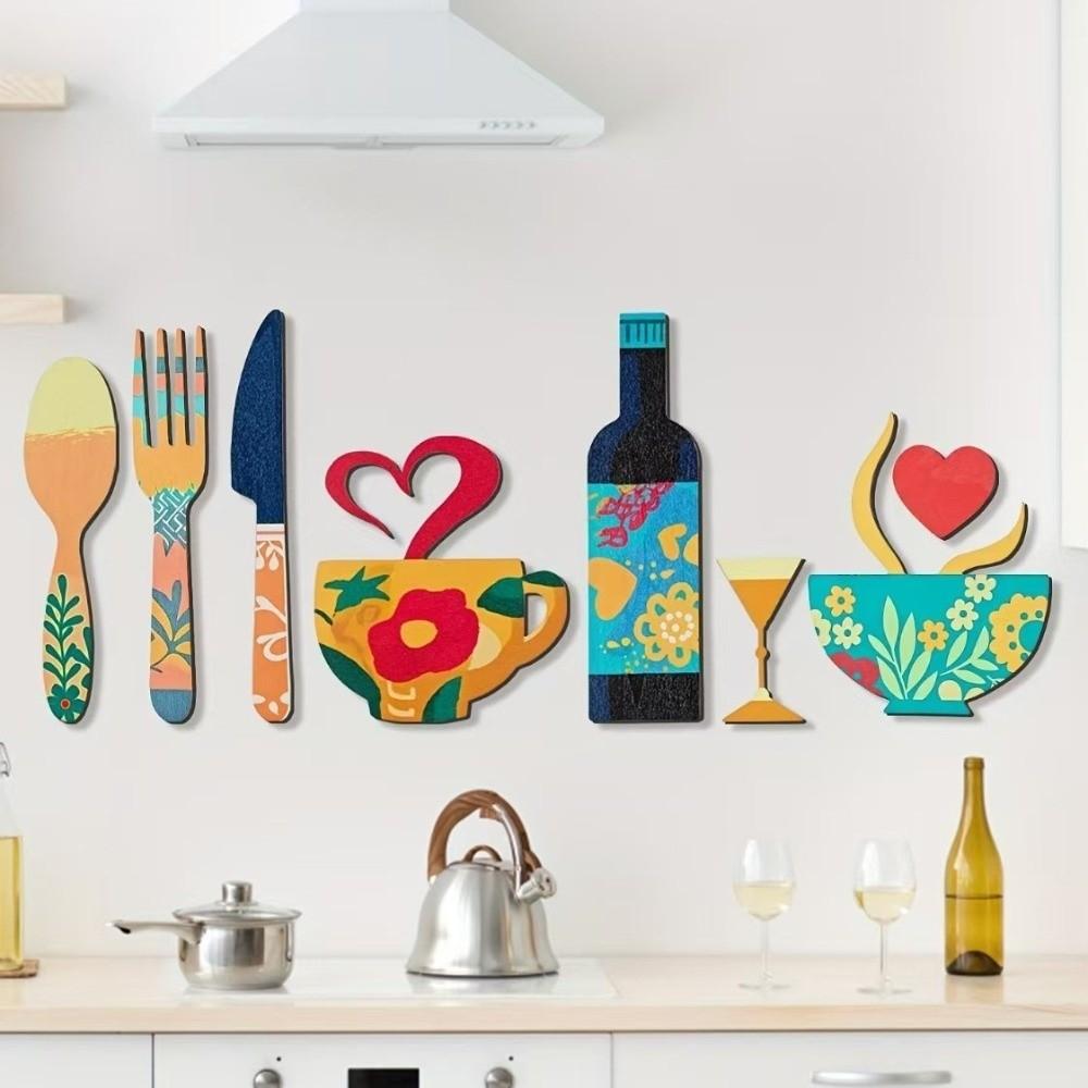 8PCS/SET Rustic Wall Art Decals Wood Fork Spoon Sticker Coffee Cup Wall Sticker  Dining Room