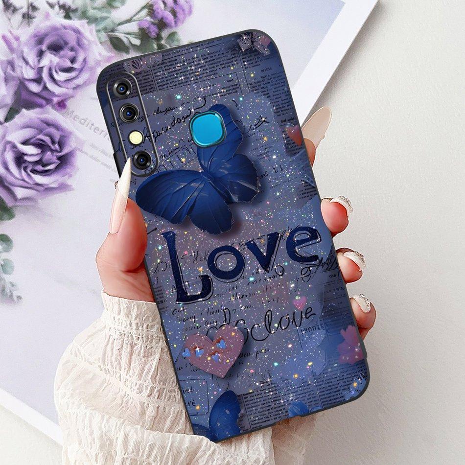 For Infinix Hot 8 Phone Case Hot 8 Lite Hot8 X650 X650C X650B X650D Elegant Floral Cat Pattern Black Silicone Soft TPU Cases