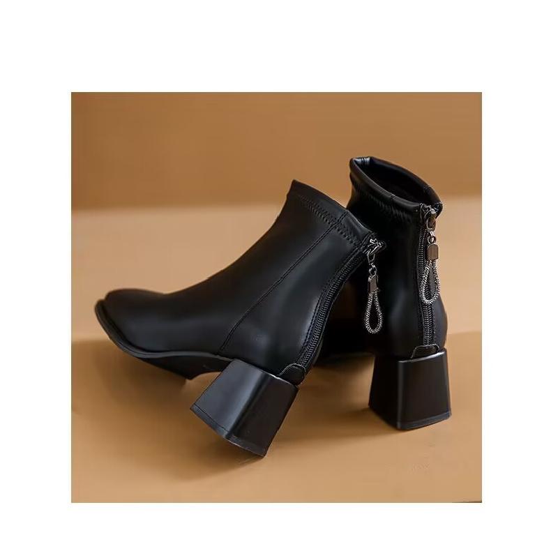 New French Style Soft Leather Ankle Boots - Square Toe Chunky Heel Slim Fit Booties Women'S Autumn Winter Fashion Boots