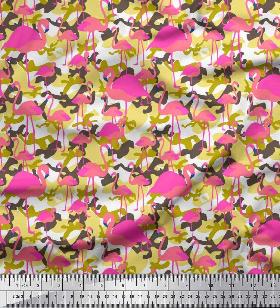 Soimoi Japan Crepe Satin Fabric Camouflage Texture & Flamingo Bird Printed Craft Fabric by the Metre 42 Inch