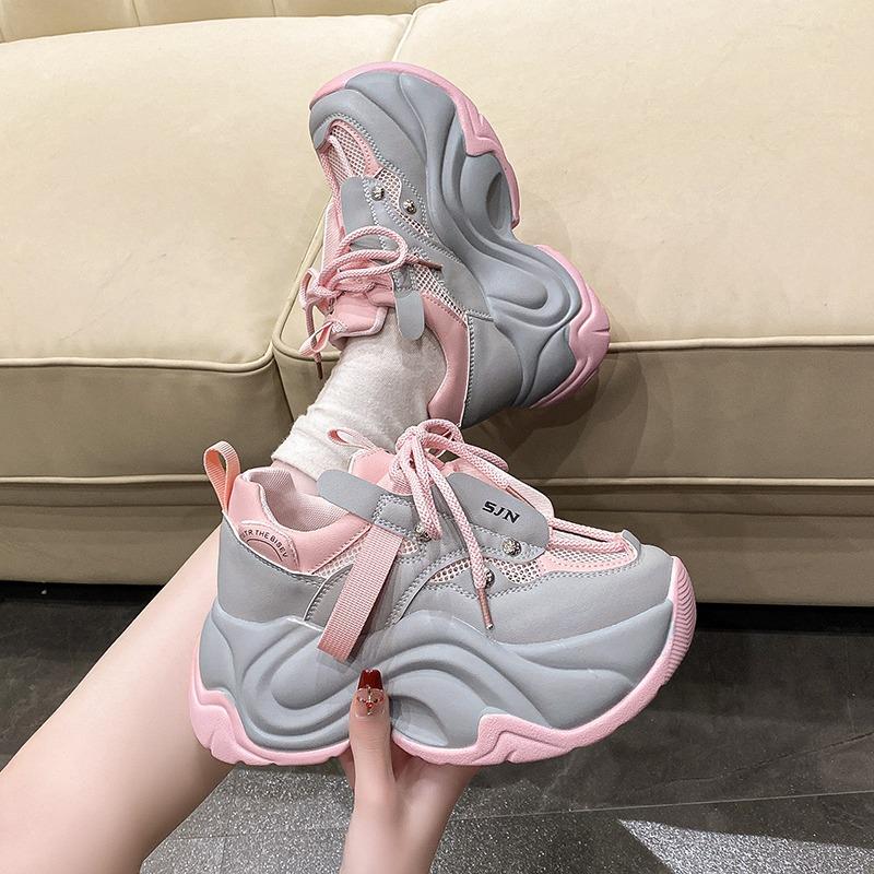 Fashion Fashion Chunky Sneakers Women Autumn Lace Up Platform Sports Shoes Woman 7CM Thick Bottom High Heels Female Leather Sneakers