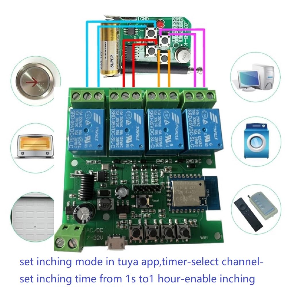 WiFi Wireless Smart Self-Lock Momentary Interlock Relay Switch,DIY WiFi App Bluetooth Remote Garage Door Opener Controller (4ch)