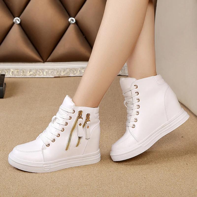 Innvendig Høydeøkning Platform Dame Støvletter Høst Vinter Dame Vulkaniserte Sko Dame Snøresko Fritid Høy Topp Kile Sneakers