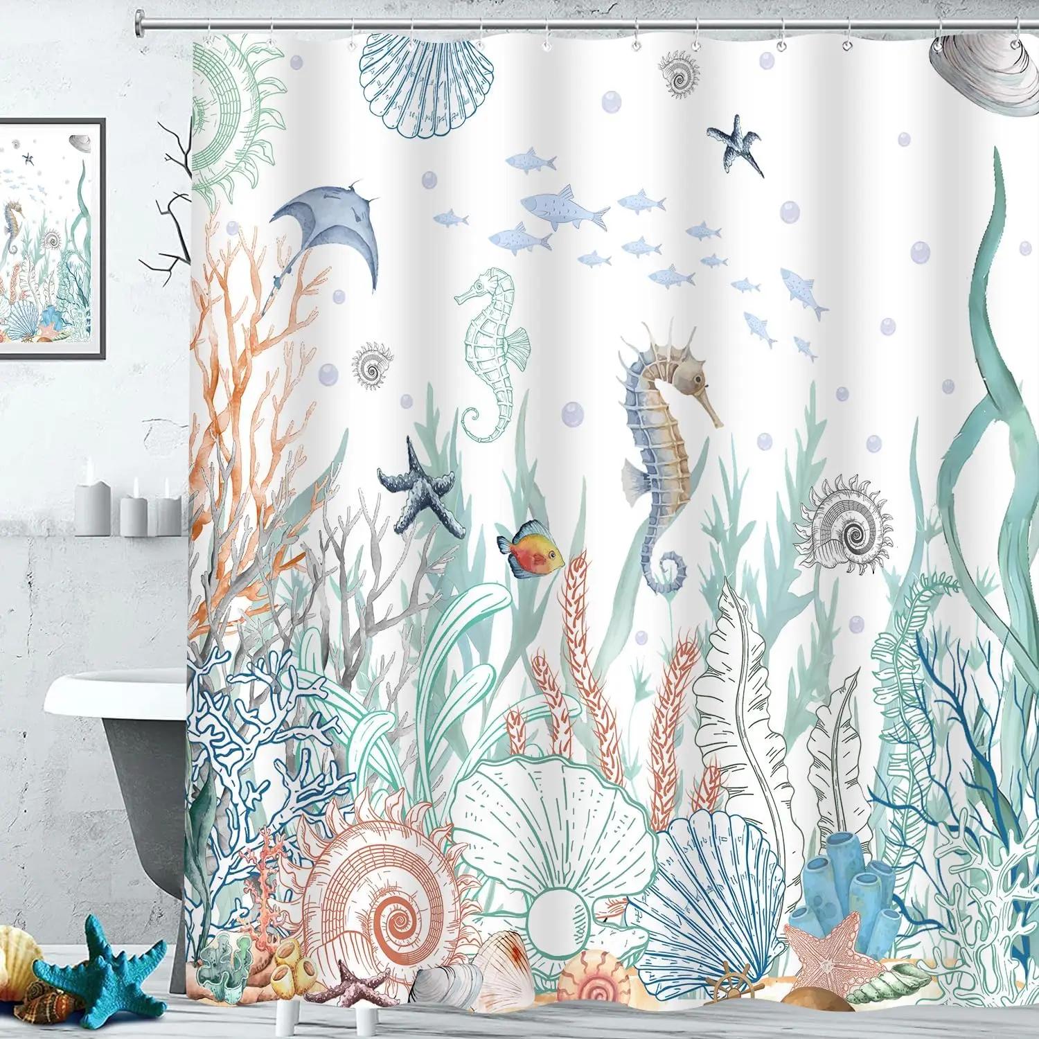 

Ocean Nautical Shower Curtain Blue Green Coral Starfish Shell Marine Life Beach Bathroom Decor Washable Polyester Waterproof W60H190(CM)-1 Pcs