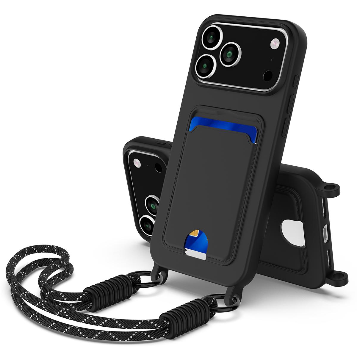 

For iPhone 17 Pro Case Liquid Silicone Card Holder Phone Back Cover with Short Strap Black