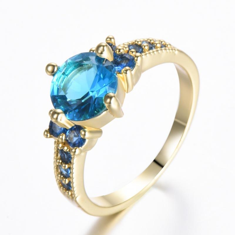 Blue Crystal Round Stone Engagement Rings for Women Vintage Gold Color Wedding Bands Birthstone Jewelry Mother's Day Gifts