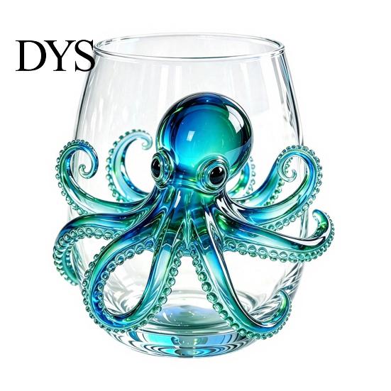 Unique Sea Creature Drinkware Octopus Stemless Wine Glass, 3D Marine Animal Printed Bar Life Enthusiast Gift Borosilicate Glassware, for Cocktails And